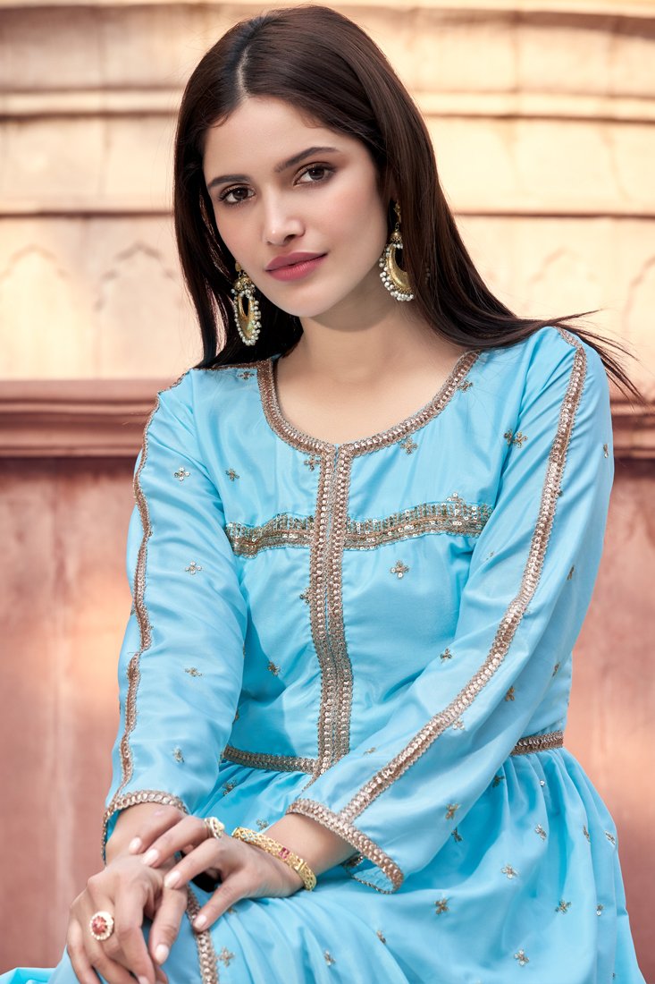 Blue Colored Semi Stitched Kurti & Unstitched Pant Set