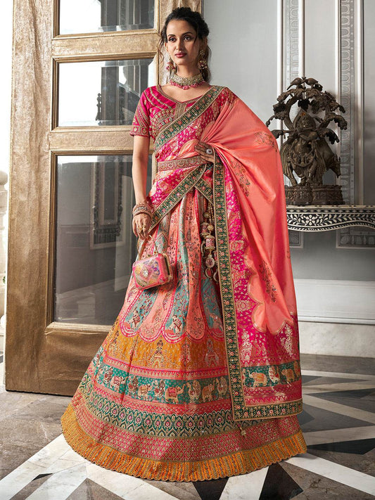 Multicolor & Pink Banarasi Silk Semi Stitched Lehenga