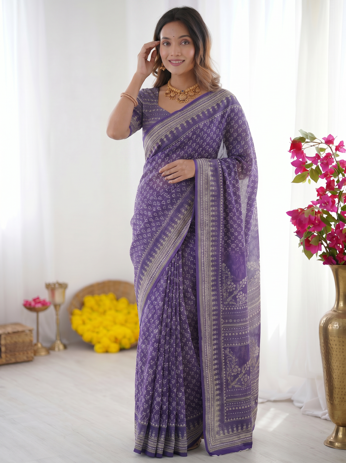 Royal purple modal silk saree with delicate floral butti prints traditional woven border heritage designer pallu