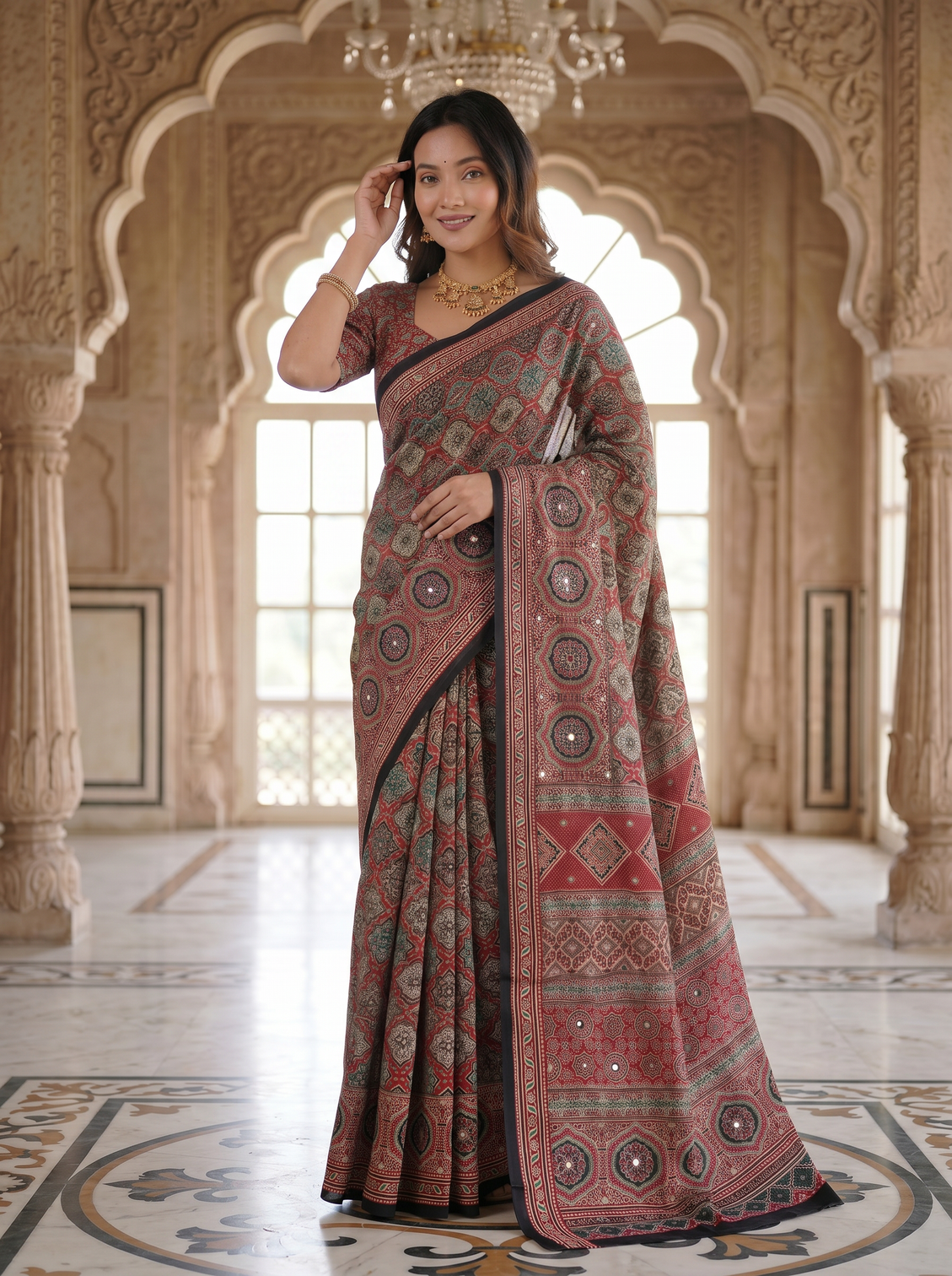 Vintage rose pure modal silk saree with intricate heritage mandala print designer ethnic pallu