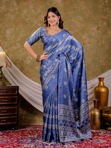Cornflower Blue Pure Chinnon Ajrakh Printed Saree with Tassel Edges, Traditional Ethnic Print & Matching Blouse Piece
