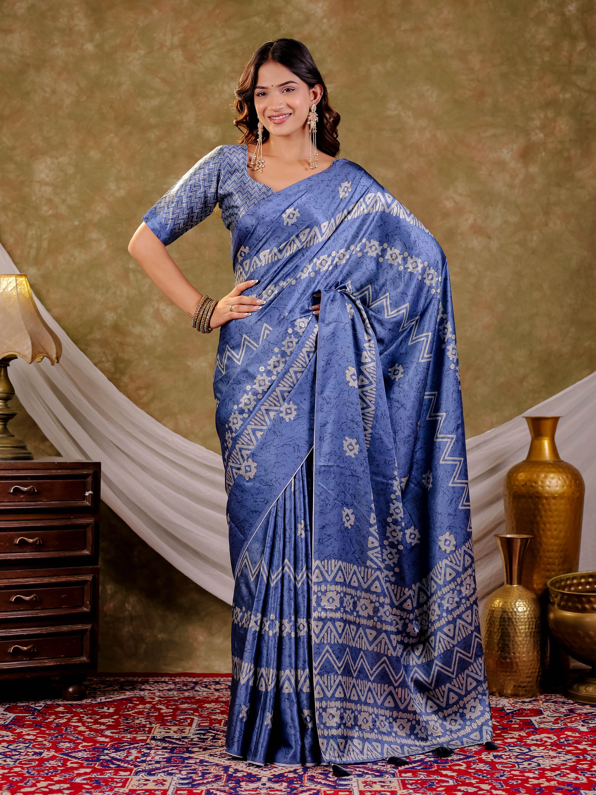 Cornflower Blue Pure Chinnon Ajrakh Printed Saree with Tassel Edges, Traditional Ethnic Print & Matching Blouse Piece