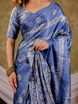 Cornflower Blue Pure Chinnon Ajrakh Printed Saree with Tassel Edges, Traditional Ethnic Print & Matching Blouse Piece