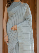 Elegant Ash Grey Handloom Mul Cotton Saree with Minimal Striped Weaving & Tassel Detailing