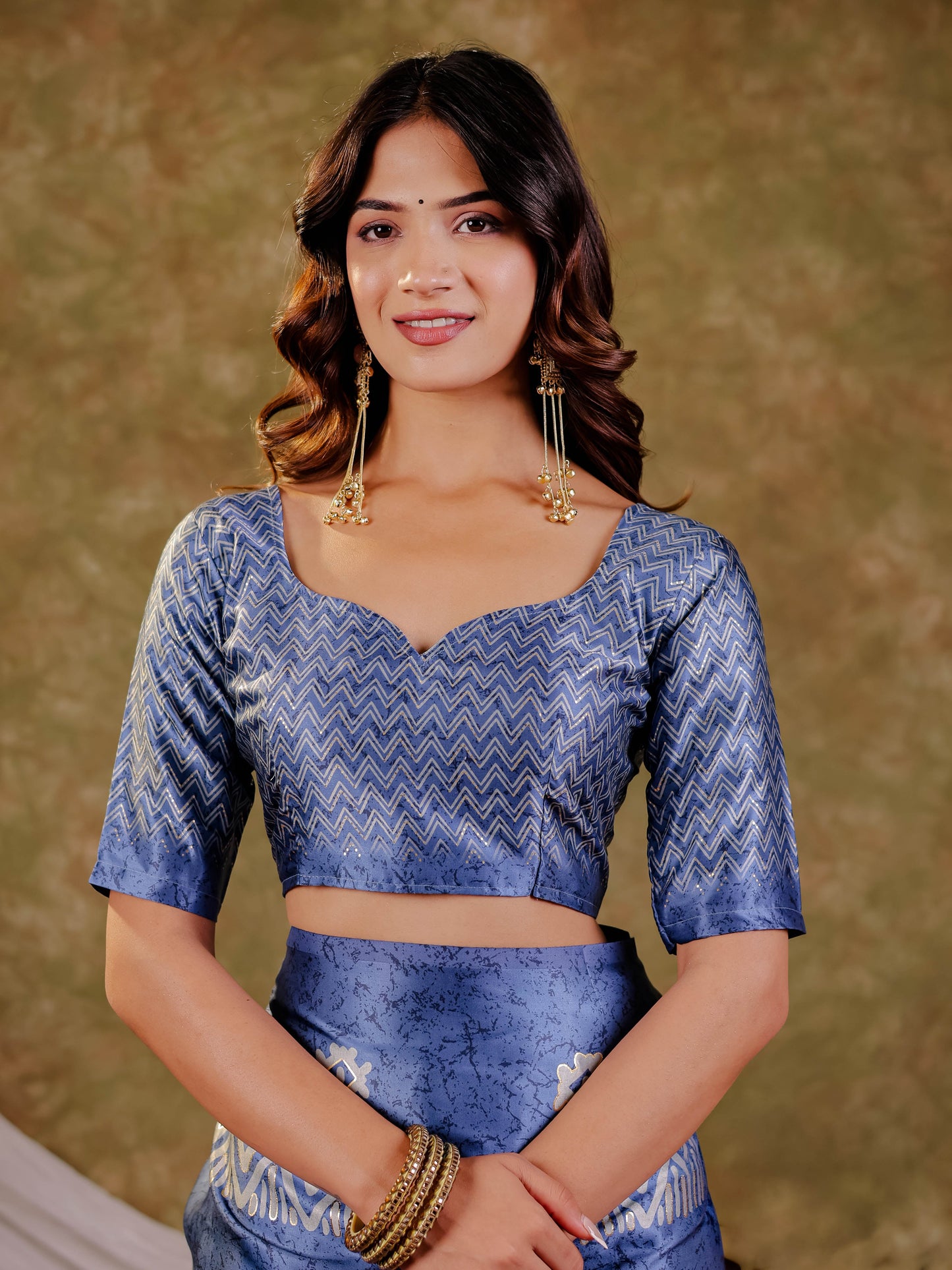 Cornflower Blue Pure Chinnon Ajrakh Printed Saree with Tassel Edges, Traditional Ethnic Print & Matching Blouse Piece