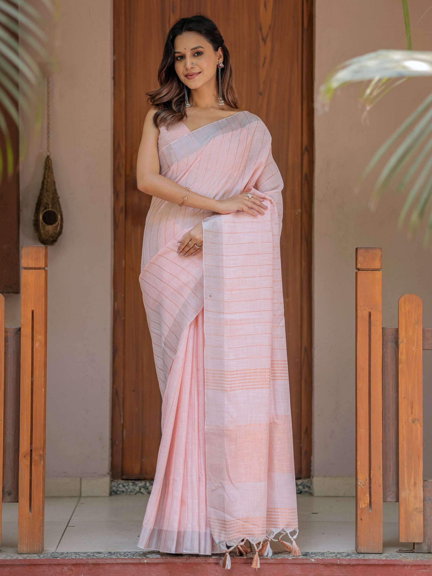 Soft Baby Pink Handloom Mul Cotton Saree with Silver Border & Tassel Detailing