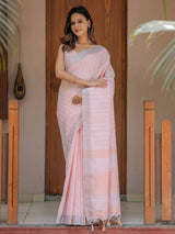 Soft Baby Pink Handloom Mul Cotton Saree with Silver Border & Tassel Detailing