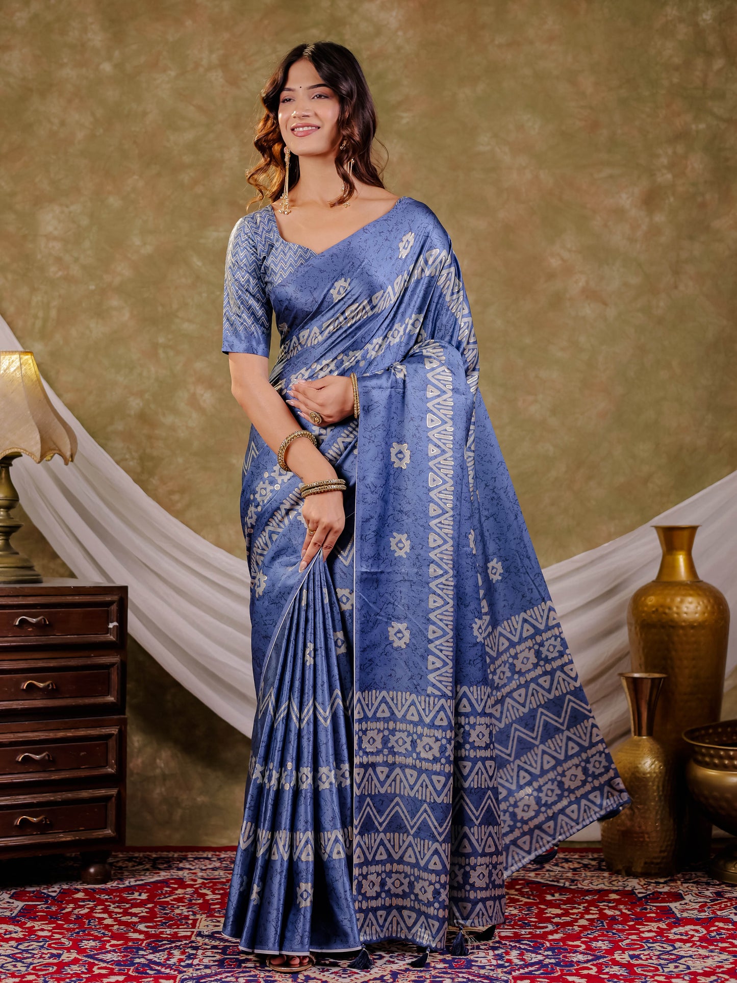 Cornflower Blue Pure Chinnon Ajrakh Printed Saree with Tassel Edges, Traditional Ethnic Print & Matching Blouse Piece