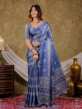Cornflower Blue Pure Chinnon Ajrakh Printed Saree with Tassel Edges, Traditional Ethnic Print & Matching Blouse Piece