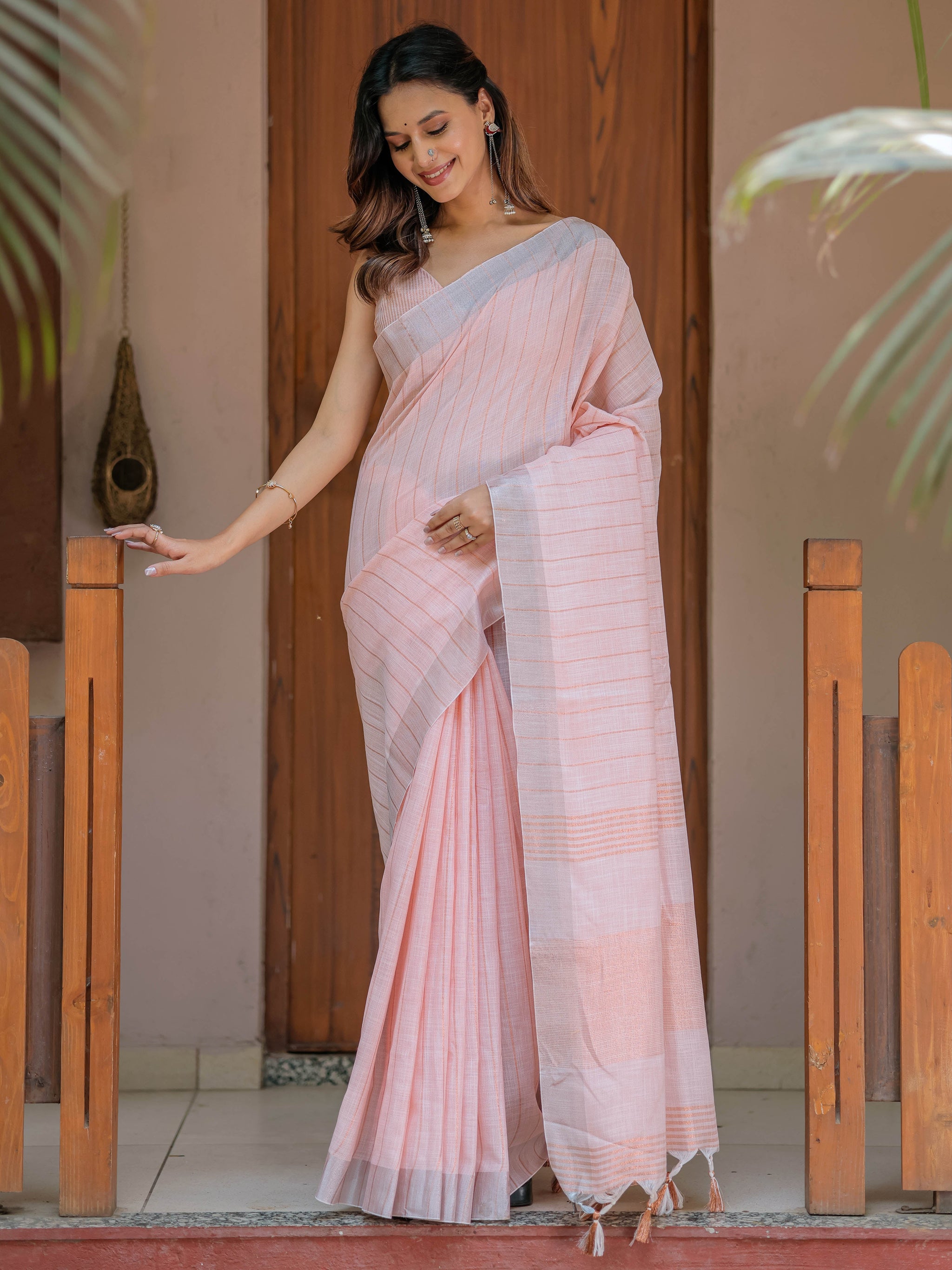 Soft Baby Pink Handloom Mul Cotton Saree with Silver Border & Tassel Detailing