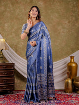 Cornflower Blue Pure Chinnon Ajrakh Printed Saree with Tassel Edges, Traditional Ethnic Print & Matching Blouse Piece