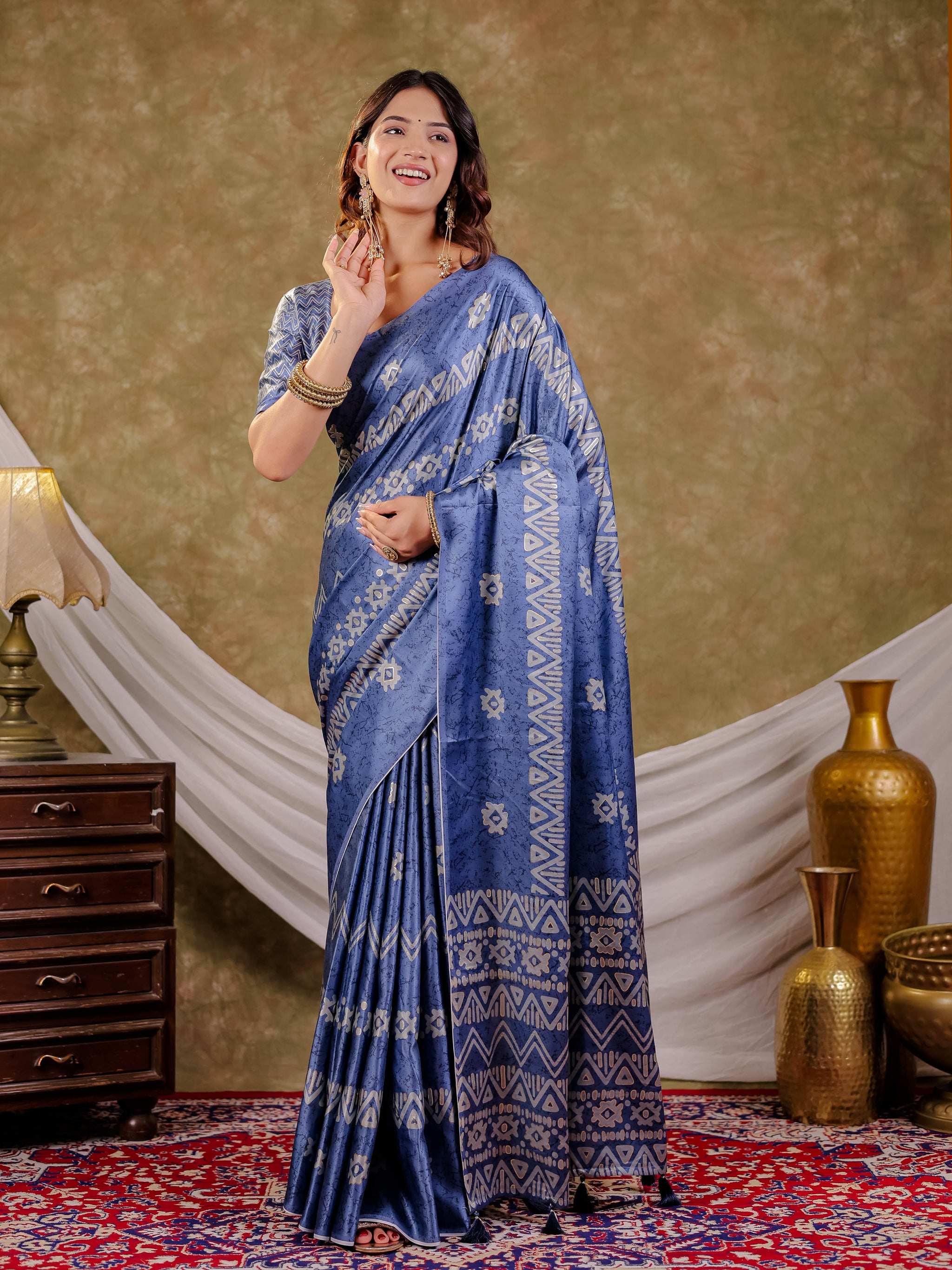 Cornflower Blue Pure Chinnon Ajrakh Printed Saree with Tassel Edges, Traditional Ethnic Print & Matching Blouse Piece