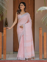 Soft Baby Pink Handloom Mul Cotton Saree with Silver Border & Tassel Detailing