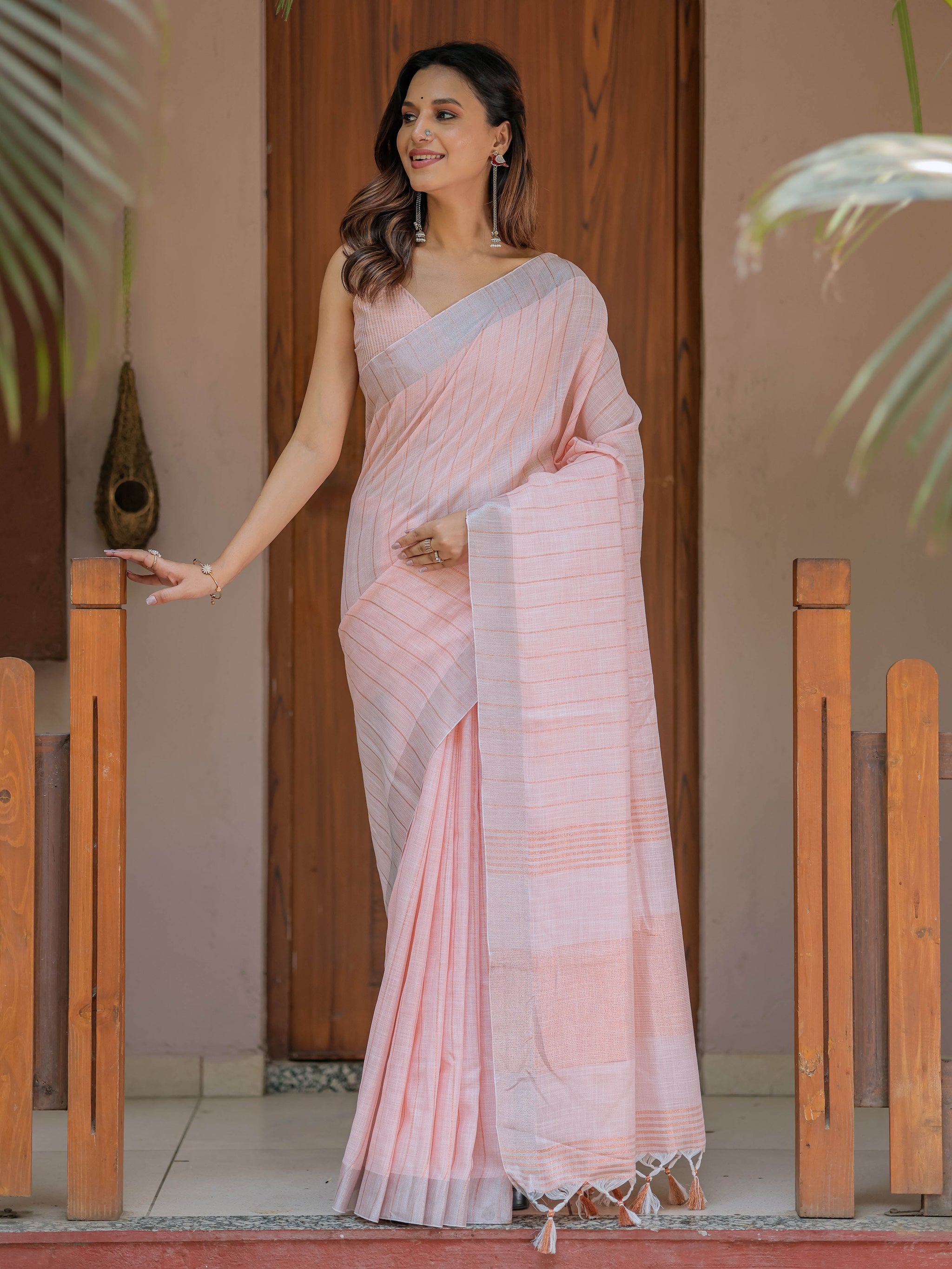 Soft Baby Pink Handloom Mul Cotton Saree with Silver Border & Tassel Detailing
