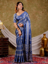 Cornflower Blue Pure Chinnon Ajrakh Printed Saree with Tassel Edges, Traditional Ethnic Print & Matching Blouse Piece