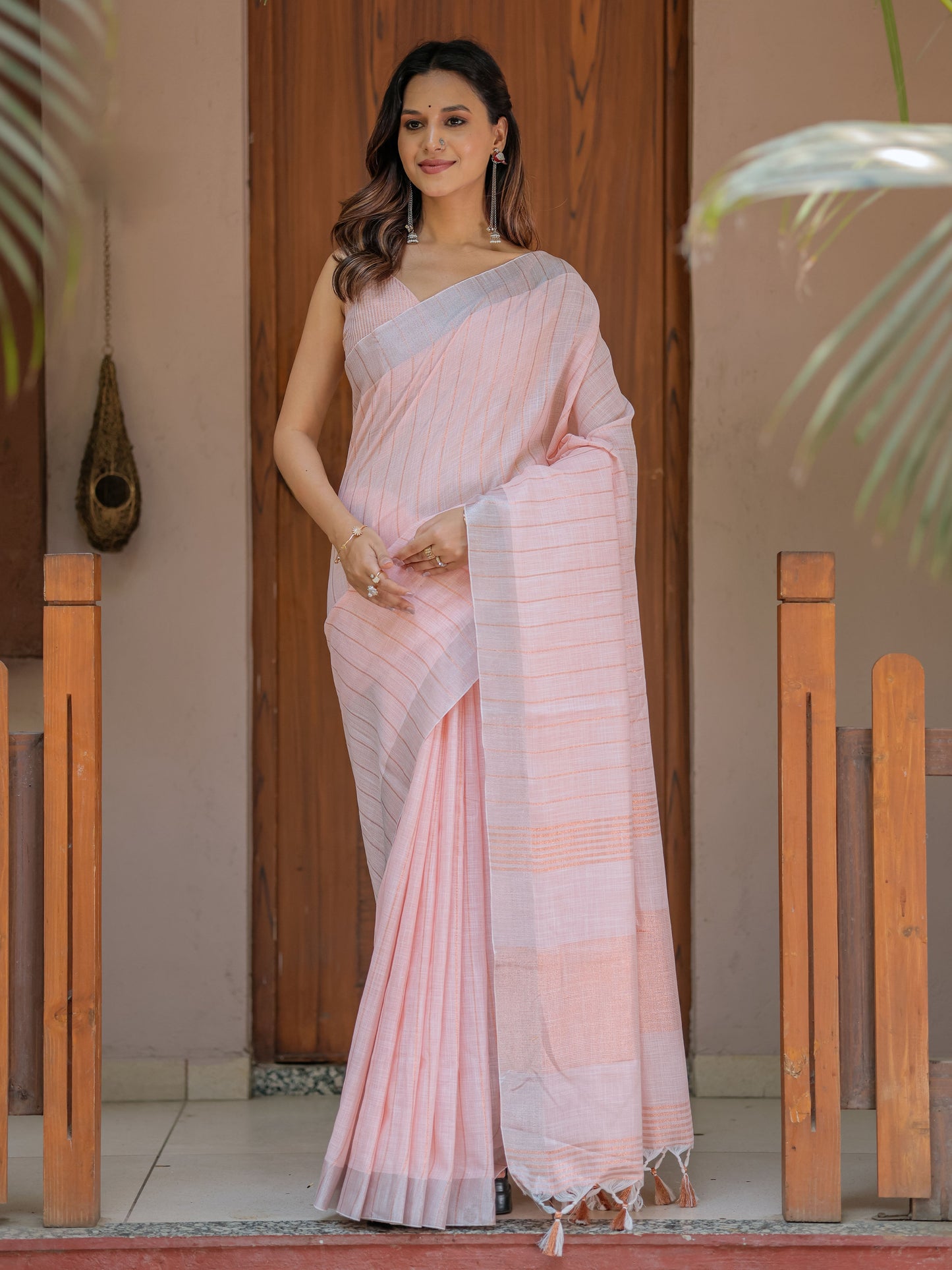Soft Baby Pink Handloom Mul Cotton Saree with Silver Border & Tassel Detailing