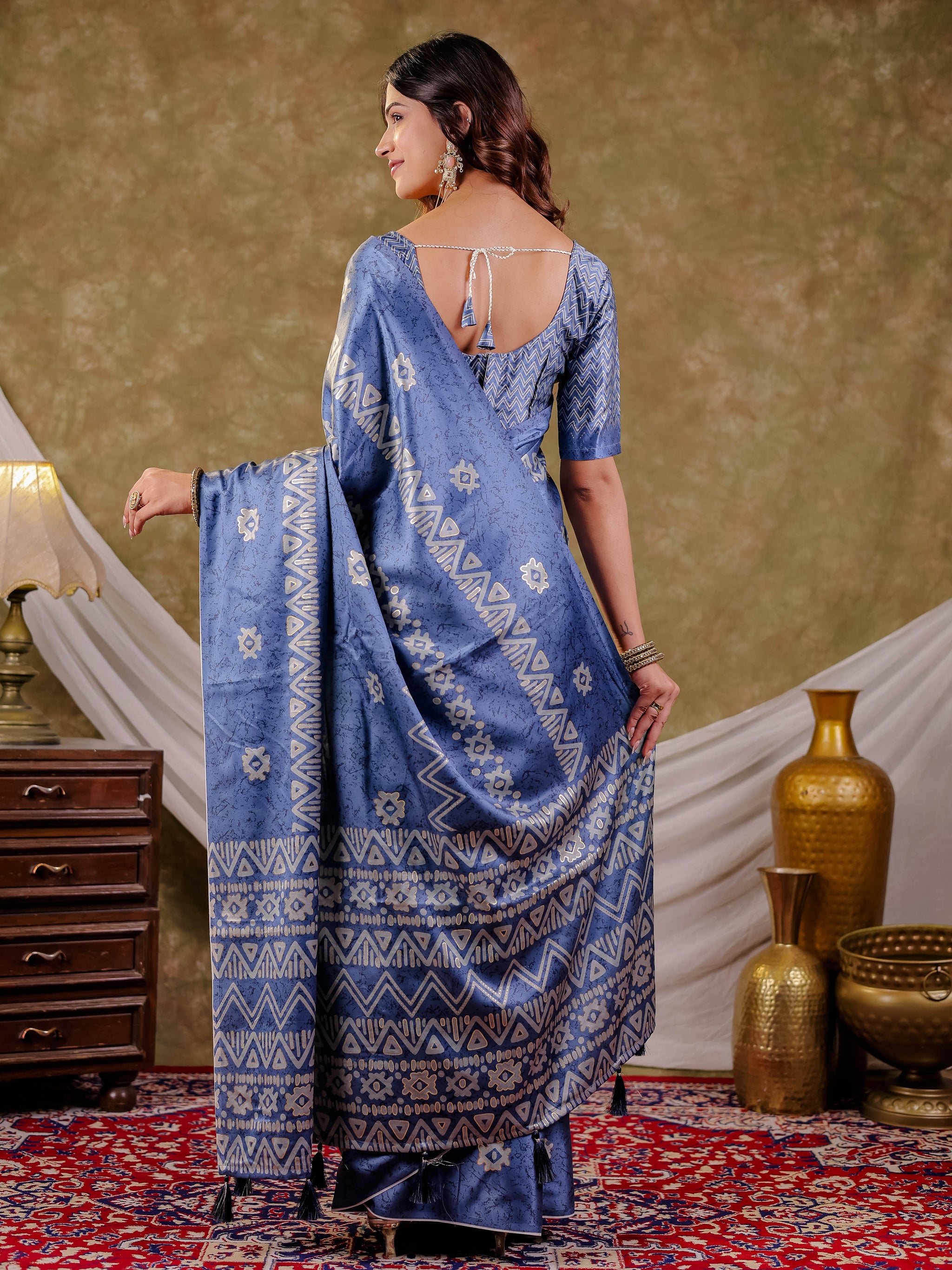 Cornflower Blue Pure Chinnon Ajrakh Printed Saree with Tassel Edges, Traditional Ethnic Print & Matching Blouse Piece