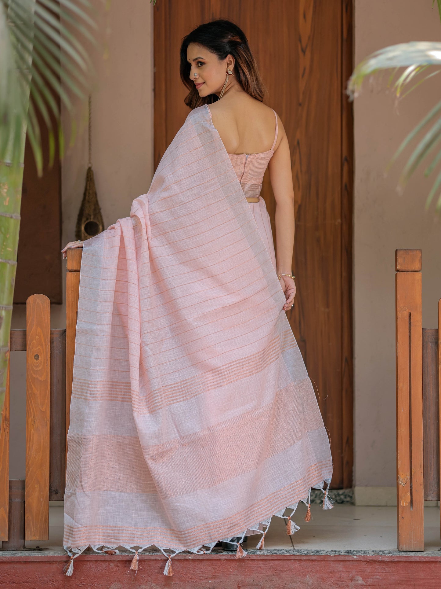 Soft Baby Pink Handloom Mul Cotton Saree with Silver Border & Tassel Detailing