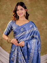 Cornflower Blue Pure Chinnon Ajrakh Printed Saree with Tassel Edges, Traditional Ethnic Print & Matching Blouse Piece