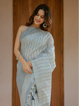 Elegant Ash Grey Handloom Mul Cotton Saree with Minimal Striped Weaving & Tassel Detailing
