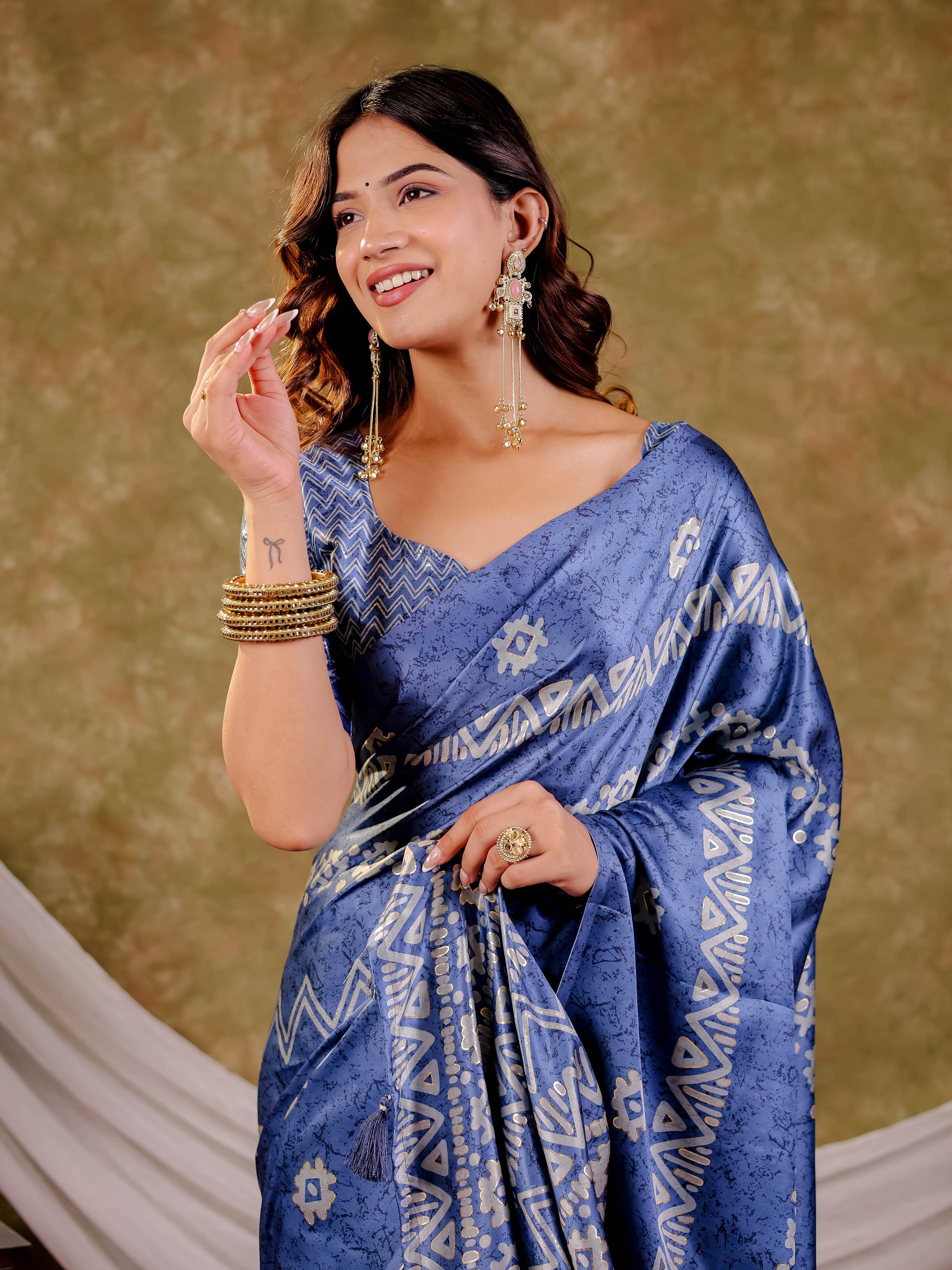 Cornflower Blue Pure Chinnon Ajrakh Printed Saree with Tassel Edges, Traditional Ethnic Print & Matching Blouse Piece