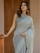 Elegant Ash Grey Handloom Mul Cotton Saree with Minimal Striped Weaving & Tassel Detailing