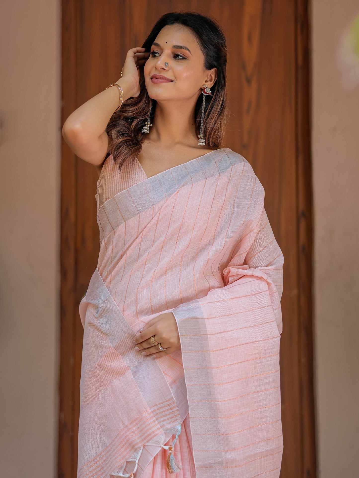 Soft Baby Pink Handloom Mul Cotton Saree with Silver Border & Tassel Detailing