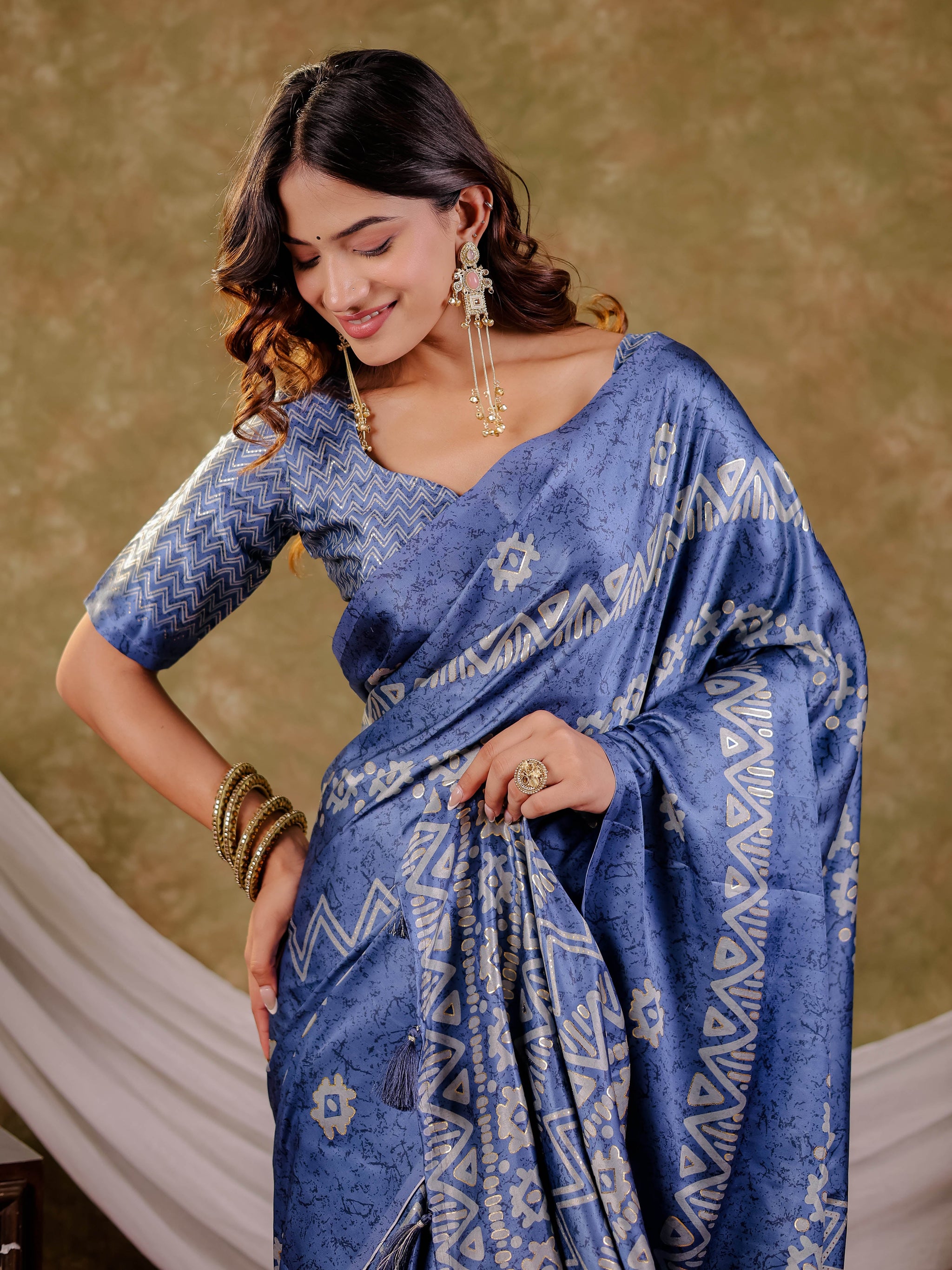 Cornflower Blue Pure Chinnon Ajrakh Printed Saree with Tassel Edges, Traditional Ethnic Print & Matching Blouse Piece
