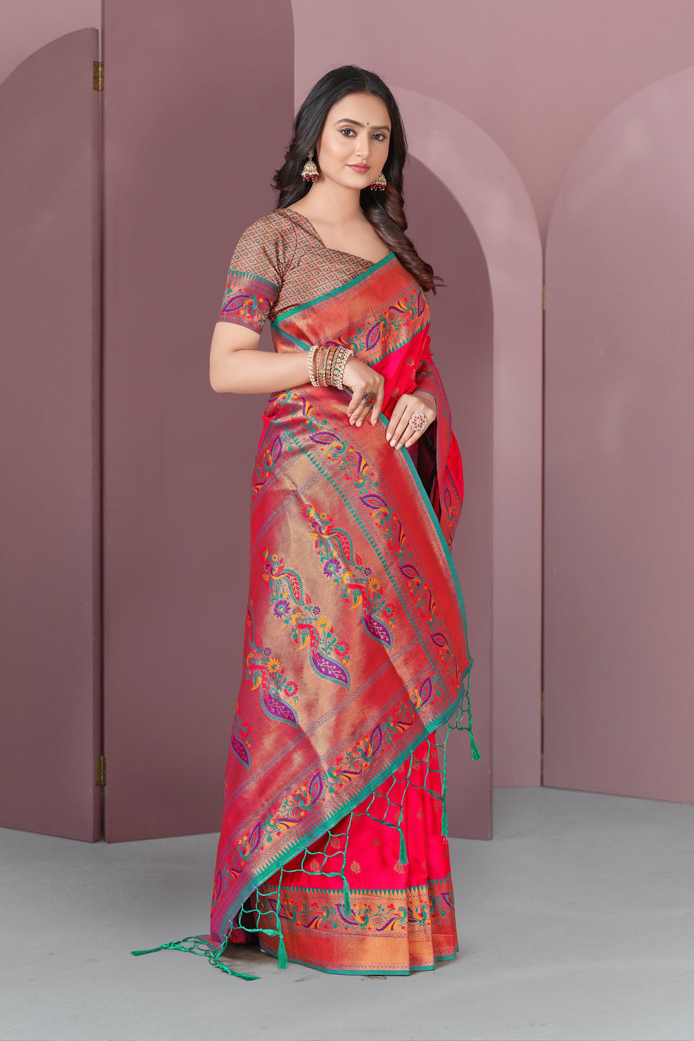 Pink original meenakari paithani silk zari woven saree