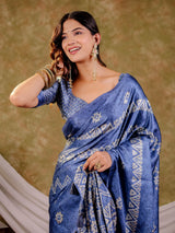 Cornflower Blue Pure Chinnon Ajrakh Printed Saree with Tassel Edges, Traditional Ethnic Print & Matching Blouse Piece