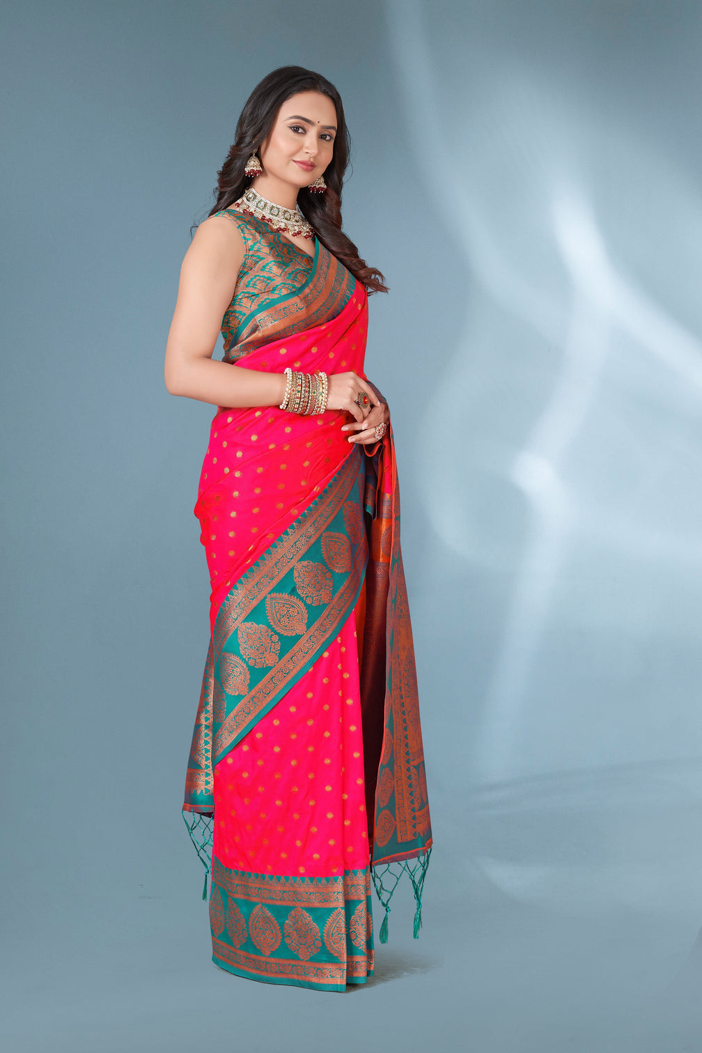 Pink polka paithani silk contrast zari woven saree with unstitched blouse