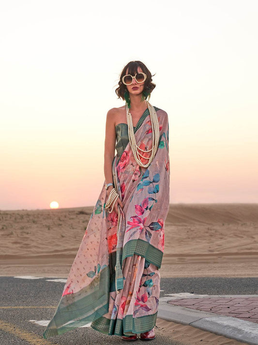 Pink Printed Linen Saree With Blouse Piece