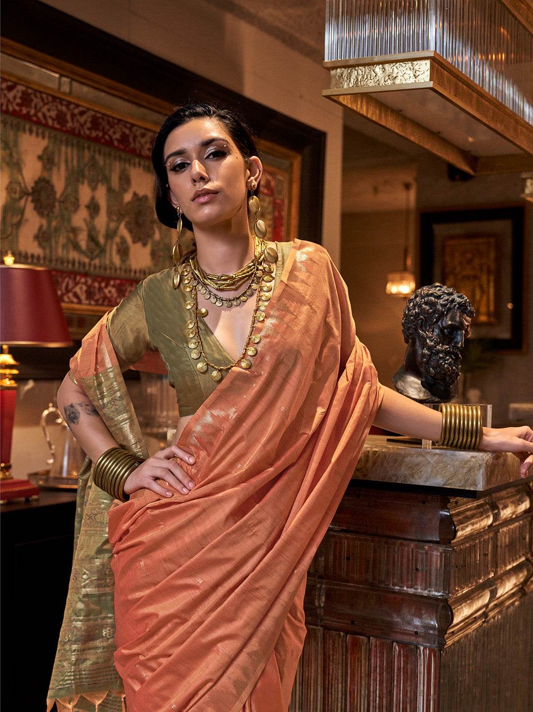 Orange Tussar Silk Blend Saree With Blouse Piece