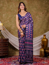 Royal Blue Pure Chinnon Ajrakh Printed Saree with Tassel Edges, Traditional Floral Print & Matching Blouse Piece