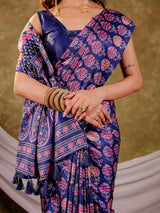 Royal Blue Pure Chinnon Ajrakh Printed Saree with Tassel Edges, Traditional Floral Print & Matching Blouse Piece