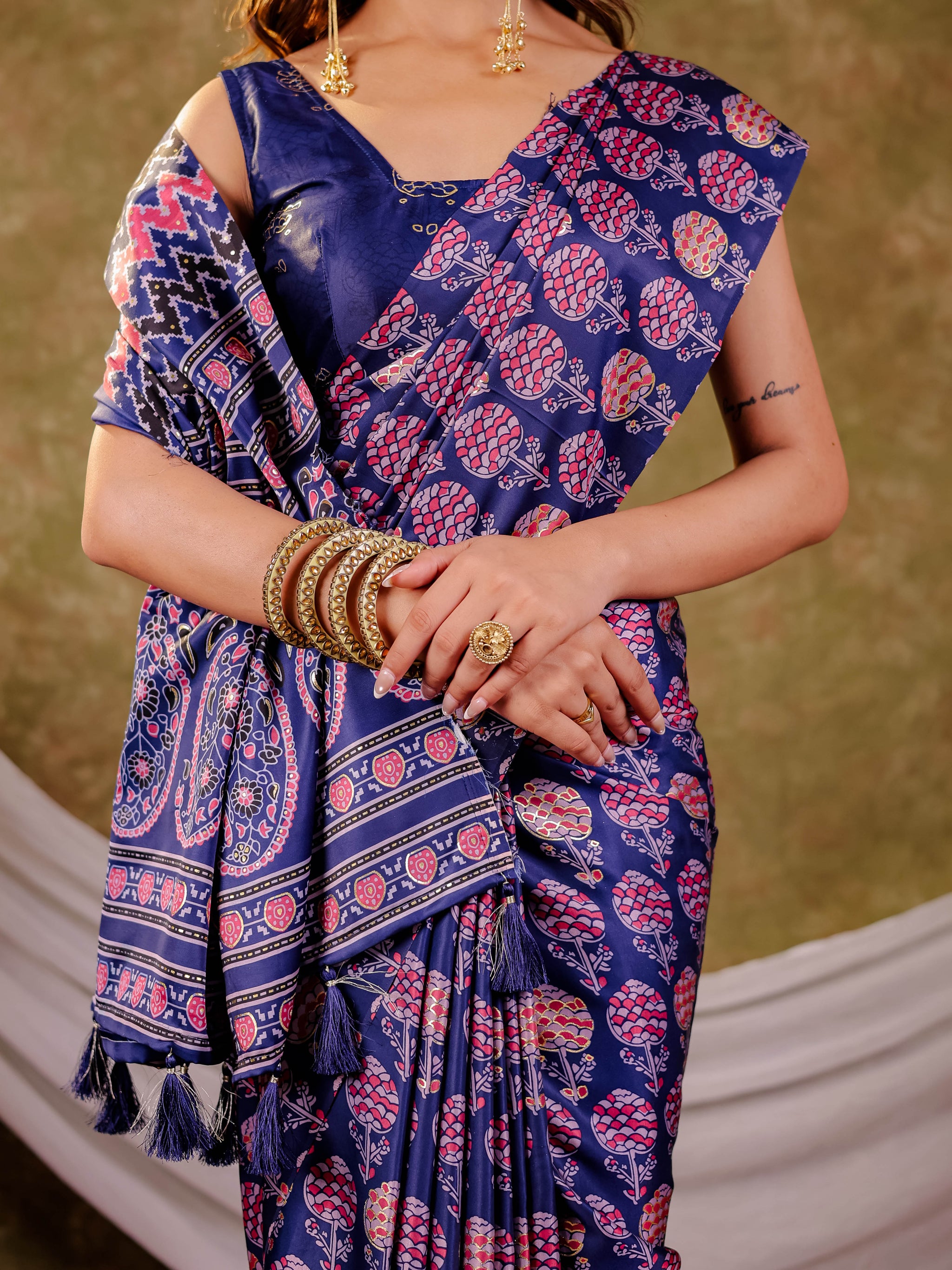 Royal Blue Pure Chinnon Ajrakh Printed Saree with Tassel Edges, Traditional Floral Print & Matching Blouse Piece