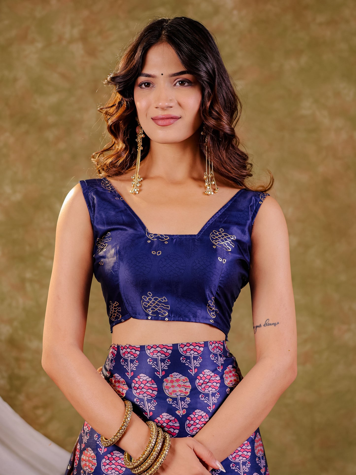 Royal Blue Pure Chinnon Ajrakh Printed Saree with Tassel Edges, Traditional Floral Print & Matching Blouse Piece