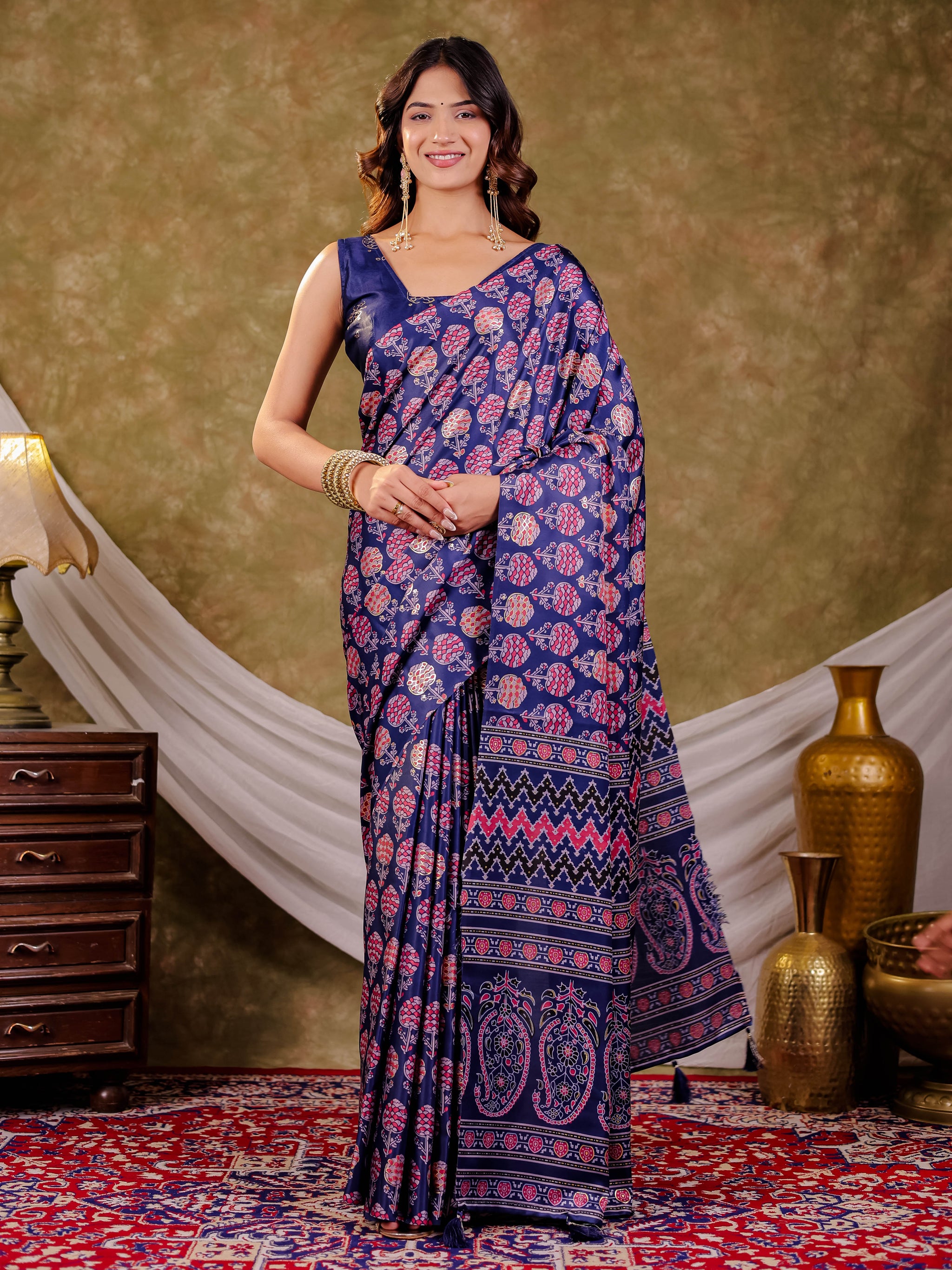 Royal Blue Pure Chinnon Ajrakh Printed Saree with Tassel Edges, Traditional Floral Print & Matching Blouse Piece