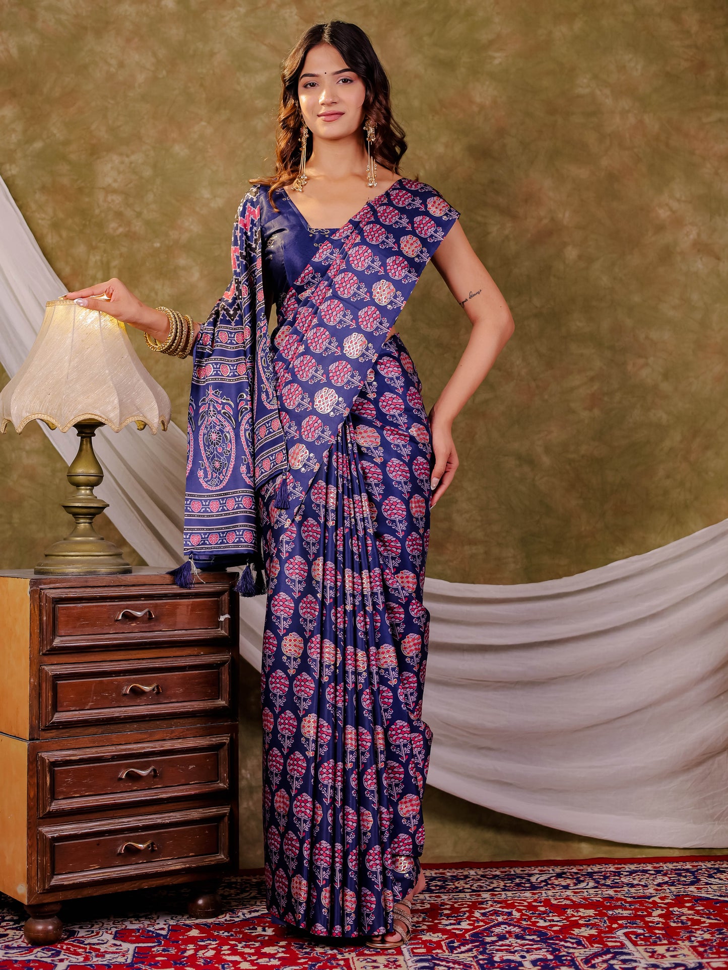 Royal Blue Pure Chinnon Ajrakh Printed Saree with Tassel Edges, Traditional Floral Print & Matching Blouse Piece