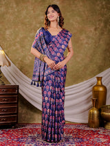 Royal Blue Pure Chinnon Ajrakh Printed Saree with Tassel Edges, Traditional Floral Print & Matching Blouse Piece