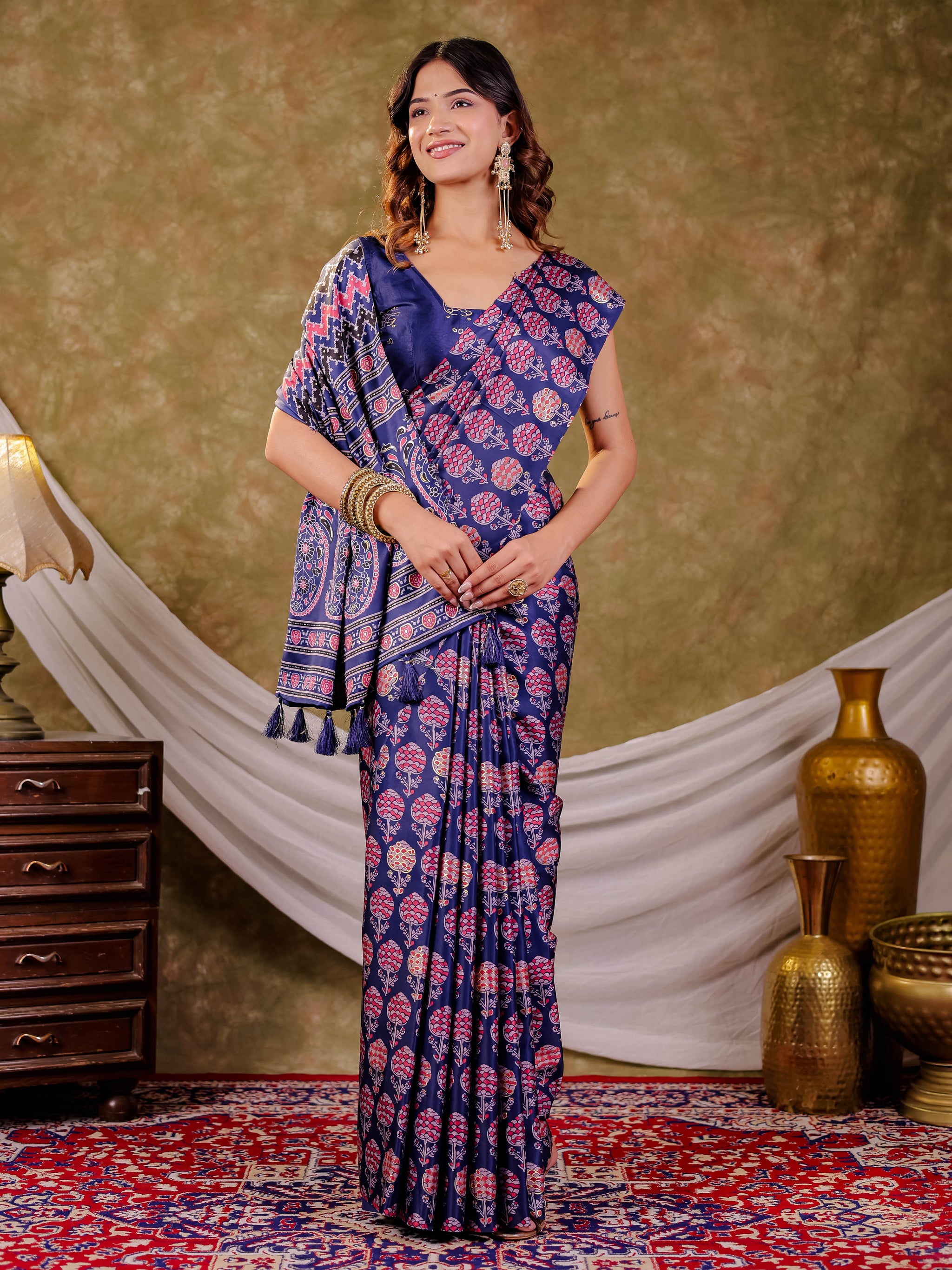 Royal Blue Pure Chinnon Ajrakh Printed Saree with Tassel Edges, Traditional Floral Print & Matching Blouse Piece