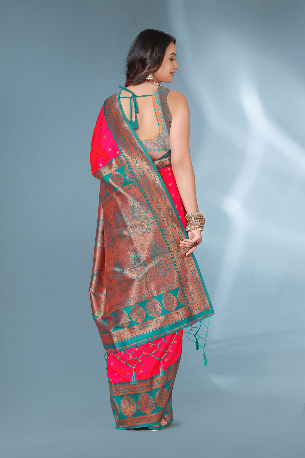 Pink polka paithani silk contrast zari woven saree with unstitched blouse