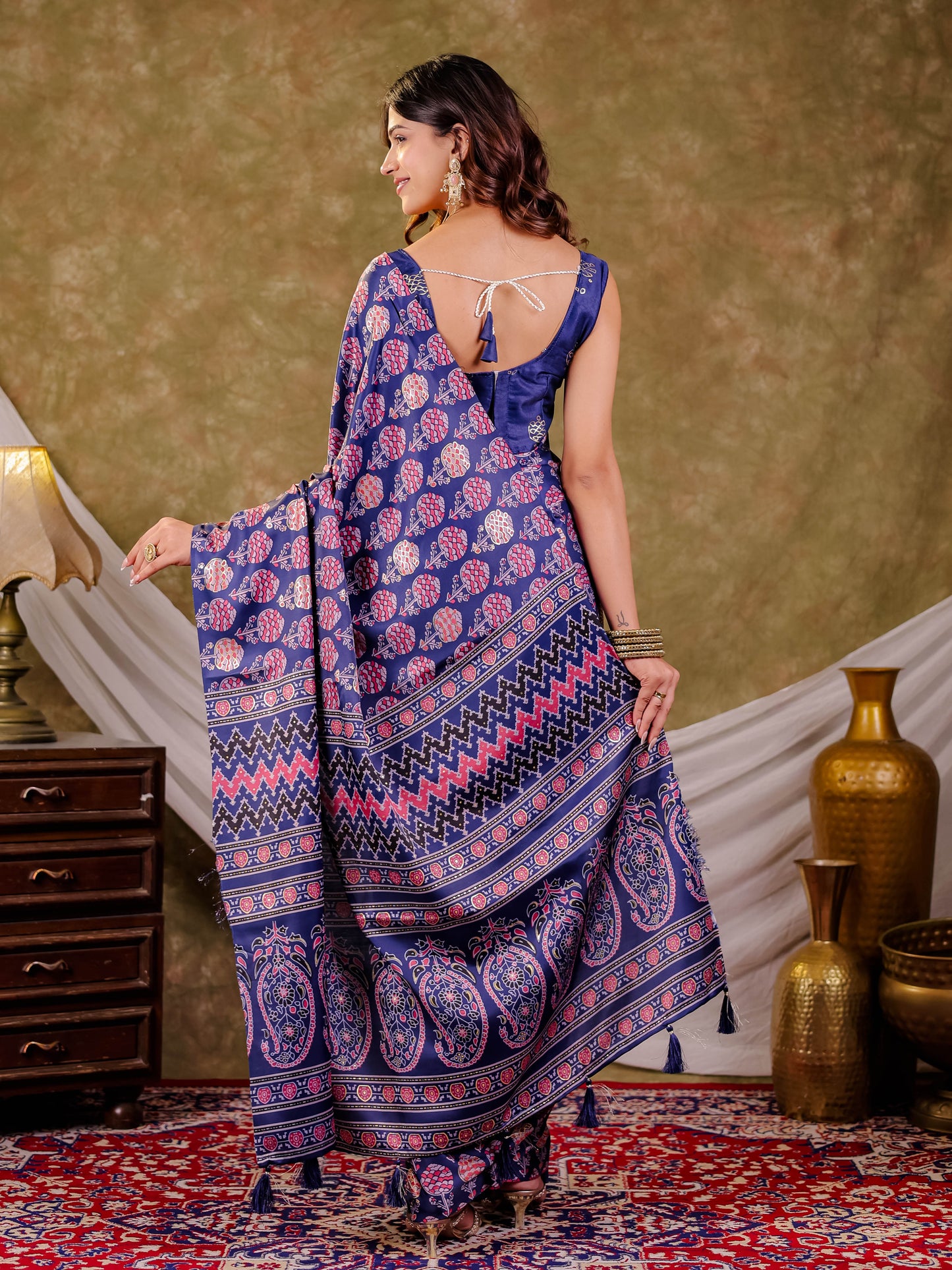 Royal Blue Pure Chinnon Ajrakh Printed Saree with Tassel Edges, Traditional Floral Print & Matching Blouse Piece