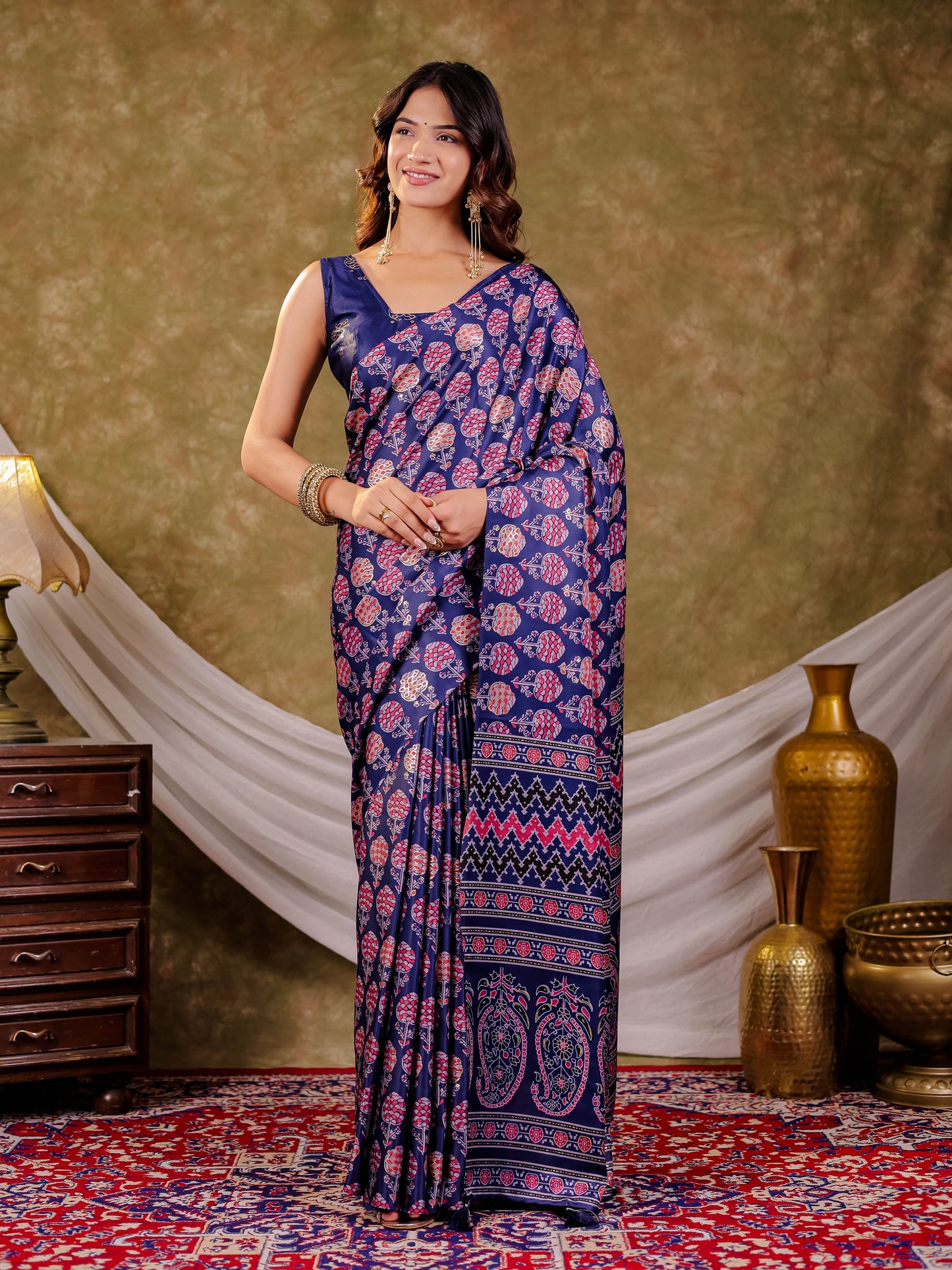Royal Blue Pure Chinnon Ajrakh Printed Saree with Tassel Edges, Traditional Floral Print & Matching Blouse Piece