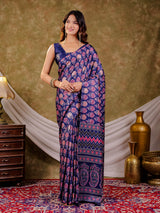 Royal Blue Pure Chinnon Ajrakh Printed Saree with Tassel Edges, Traditional Floral Print & Matching Blouse Piece