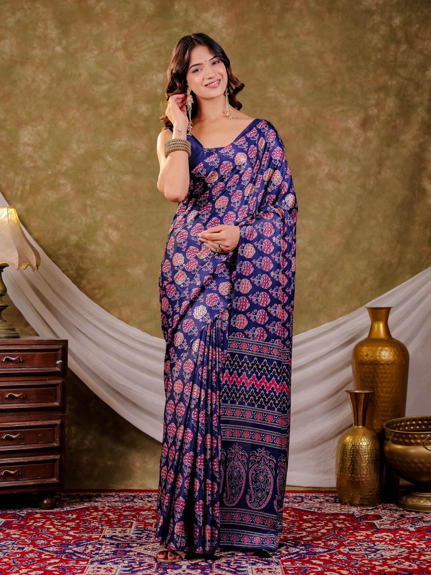 Royal Blue Pure Chinnon Ajrakh Printed Saree with Tassel Edges, Traditional Floral Print & Matching Blouse Piece