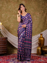Royal Blue Pure Chinnon Ajrakh Printed Saree with Tassel Edges, Traditional Floral Print & Matching Blouse Piece