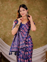 Royal Blue Pure Chinnon Ajrakh Printed Saree with Tassel Edges, Traditional Floral Print & Matching Blouse Piece