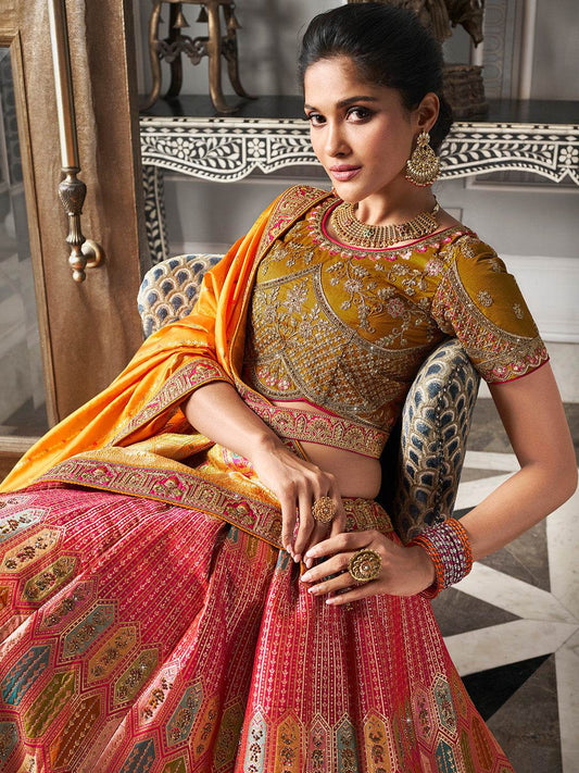 Multicolor & Yellow Banarasi Silk Semi Stitched Lehenga