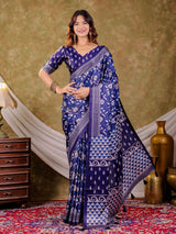 Indigo Blue Pure Chinnon Ajrakh Printed Saree with Tassel Edges, Traditional Floral Print & Matching Blouse Piece